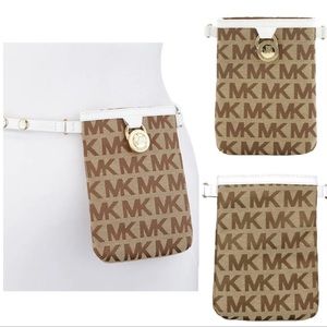 Michael Kors MK logo canvas leather belt bag tan brown gold accent